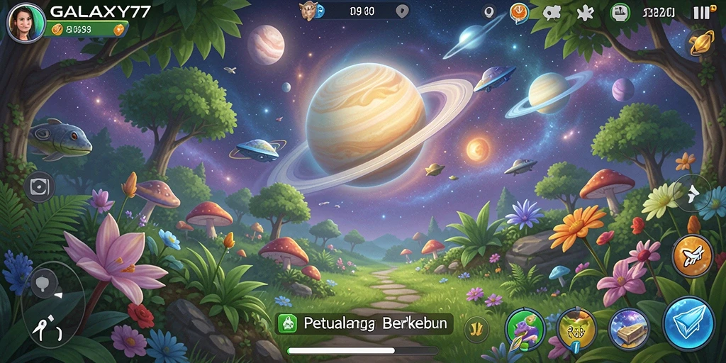 Tampilan menarik dari permainan berkebun luar angkasa yang penuh warna.