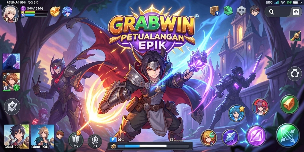 Screenshot gameplay GRABWIN menampilkan pertarungan anime yang mendebarkan.